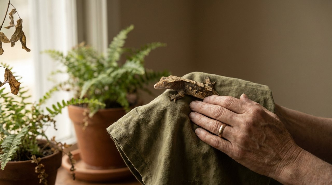A quiet, naturalistic moment of an animal being gently handled.