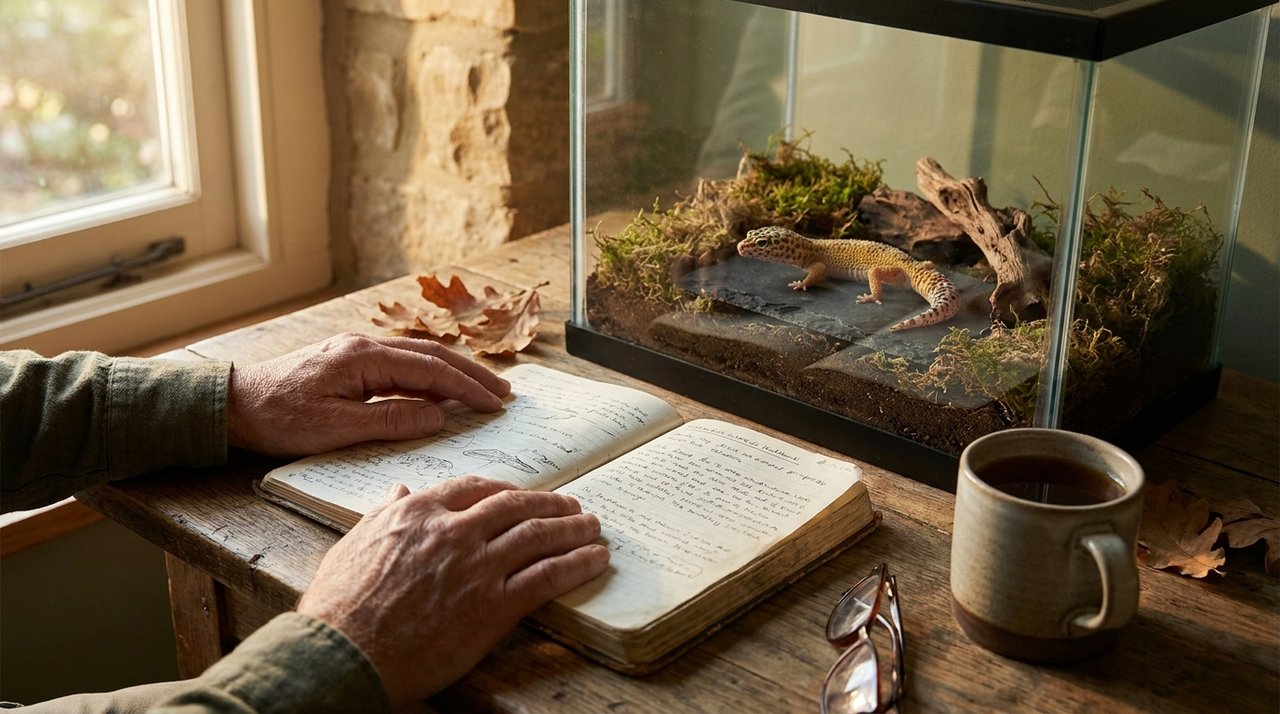 A naturalist's study scene — open notebook, stoneware mug, reading glasses, and a small naturalistic leopard-gecko vivarium in warm window light.