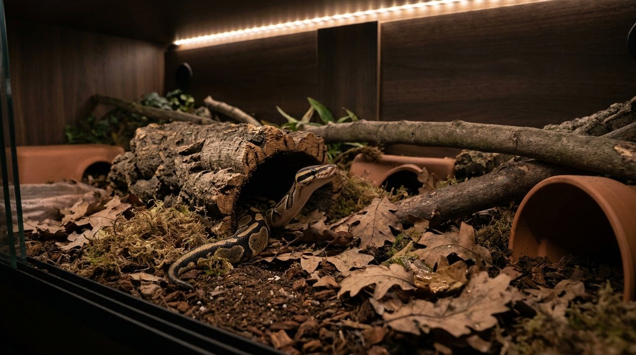 A ball python resting in a low-lit, heavily covered enclosure.