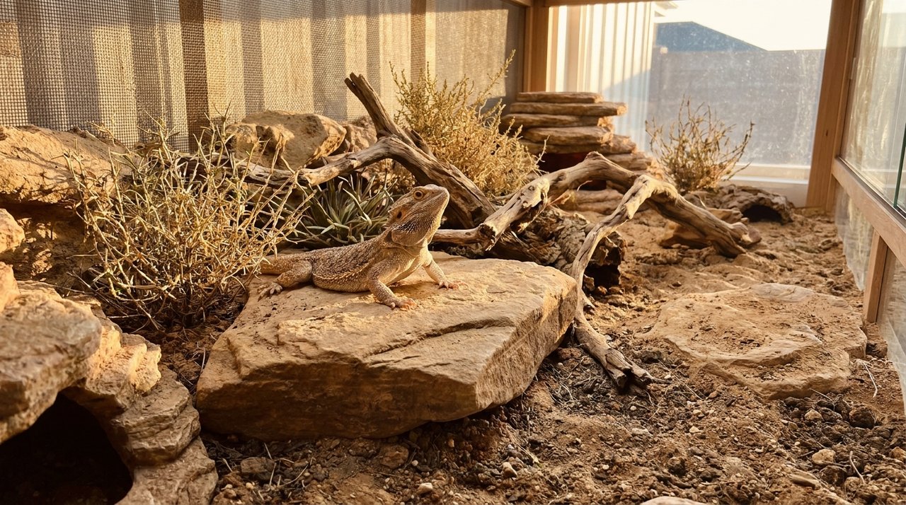 A bearded dragon basking on a sandstone outcrop.