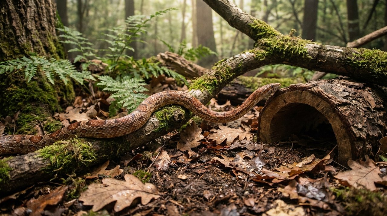 A corn snake winding through leaf litter and natural bark.
