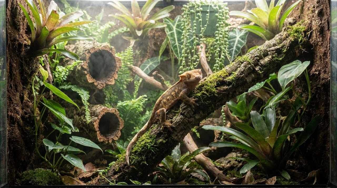 A crested gecko on a climbing branch among broadleaf foliage.