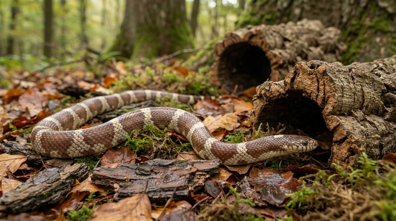 A kingsnake moving calmly across leaf litter and bark at a woodland edge.