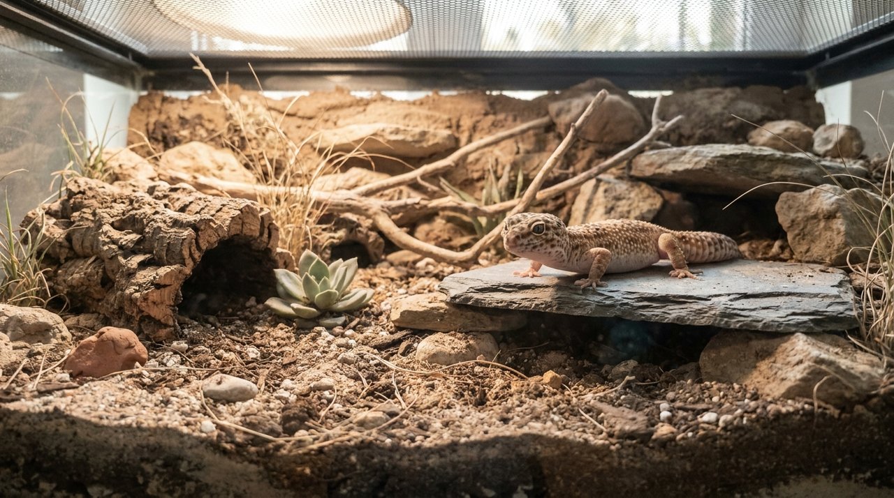 A leopard gecko resting on textured slate in a naturalistic arid enclosure.