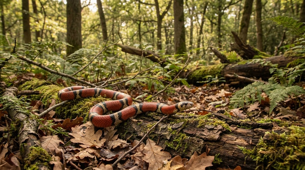 A banded milksnake resting on moss and forest-floor substrate.