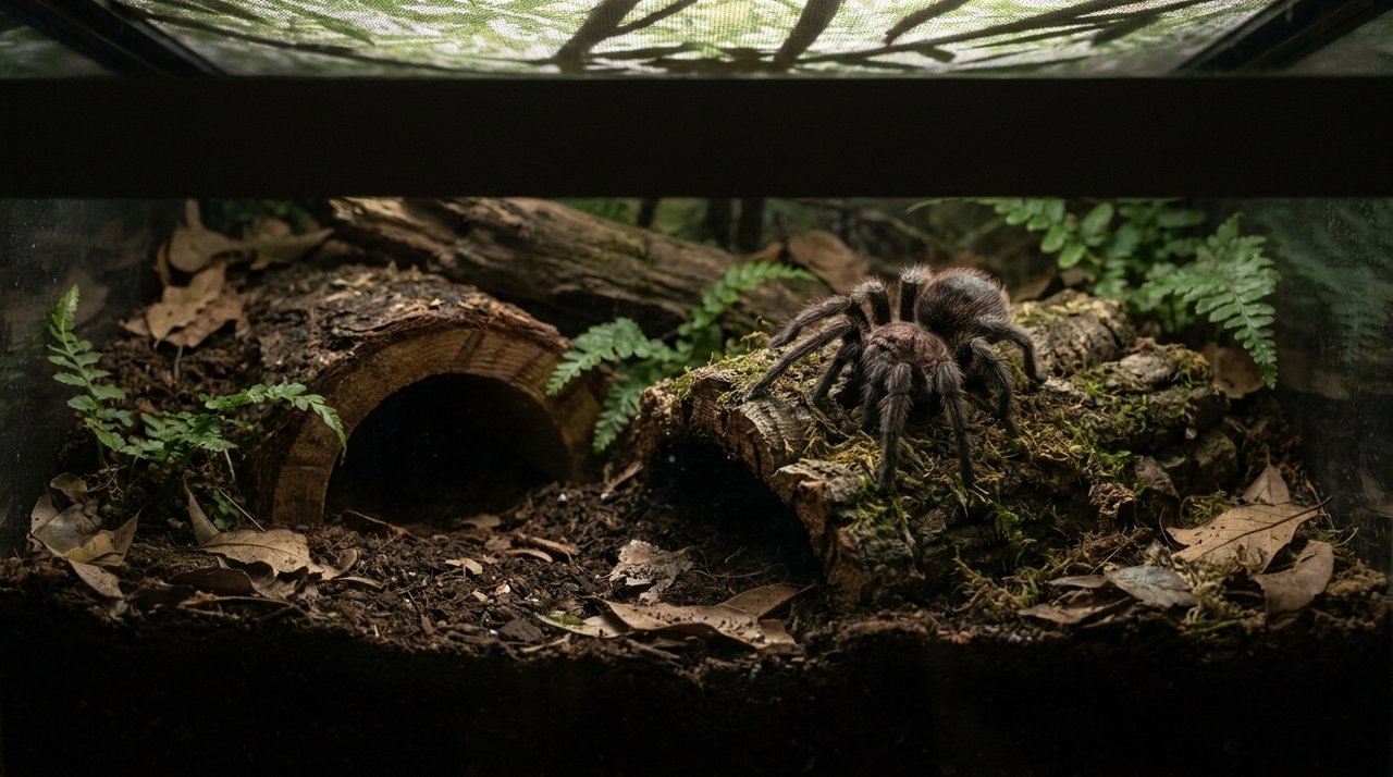 A tarantula in a naturalistic, low-lit terrestrial setup.