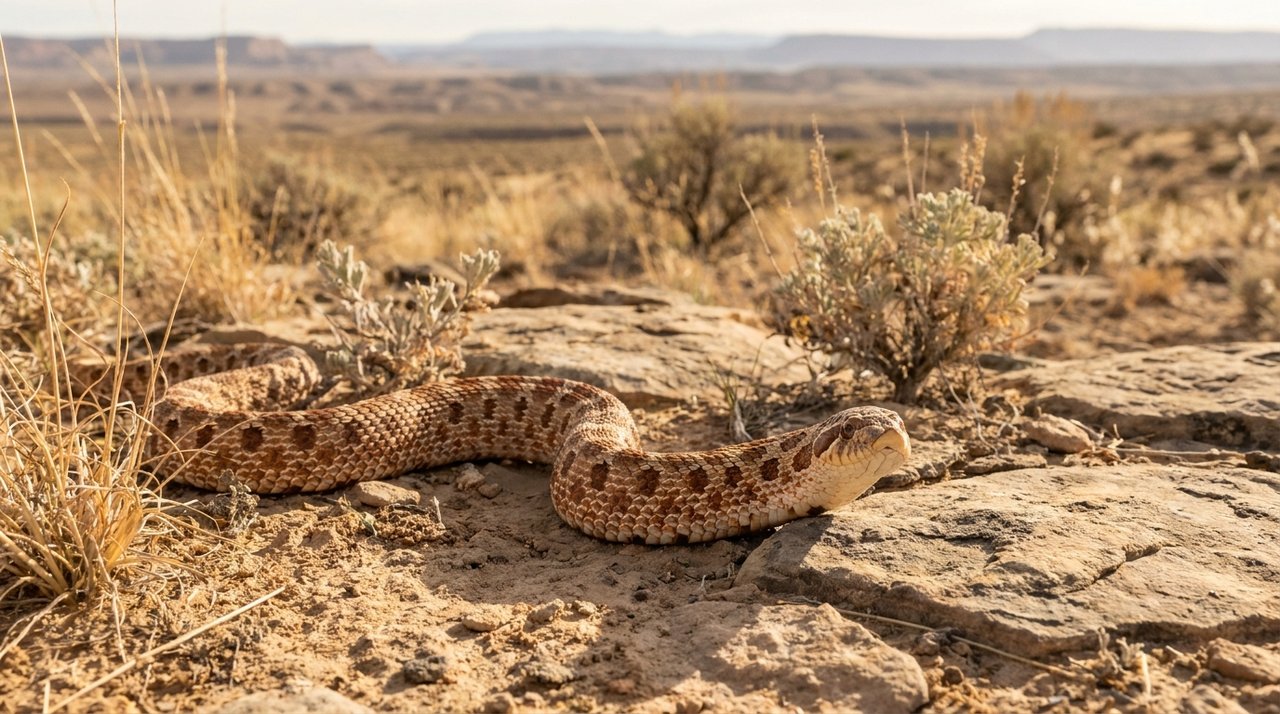 A western hognose snake resting on sandy substrate, upturned snout in clear profile.